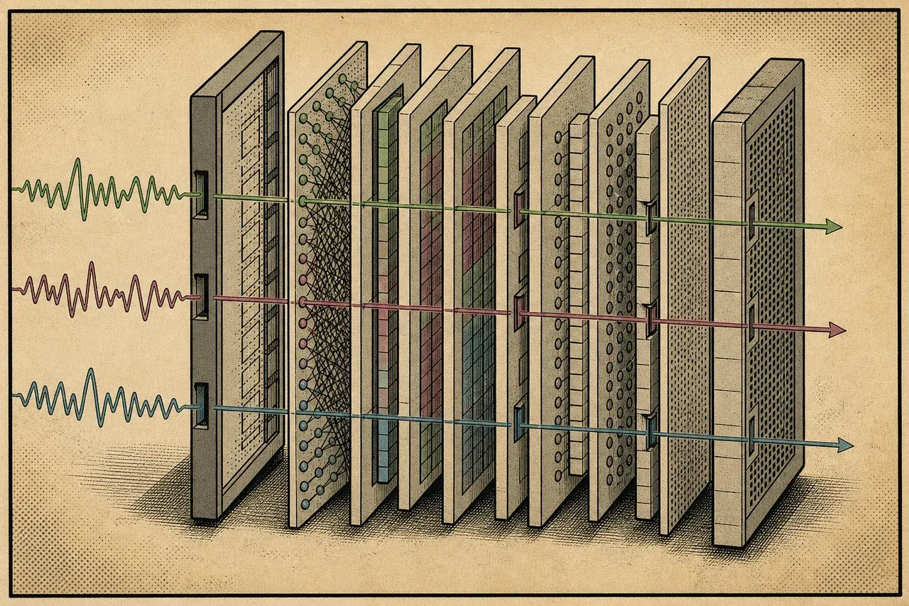 wireframe neural layers with valence arousal uncertainty probe waveforms