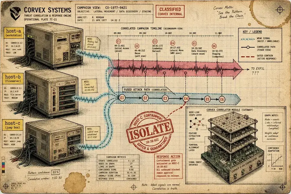 Corvex operational plate · hosts correlating weak signals into a campaign timeline with gated isolate