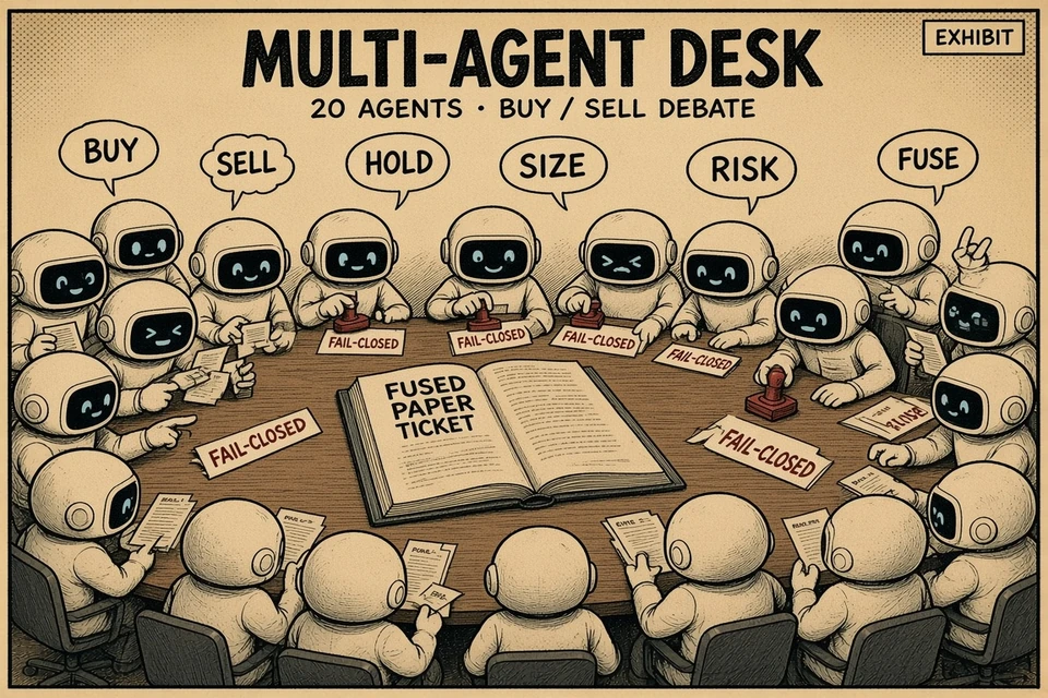 GodFather plate · twenty mini agents at a desk debating buy sell hold with papers